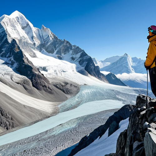 Home 15 A professional mountain guide, fully clothed in protective, modest mountaineering gear and appropriate attire, stands on a sturdy rock formation within a vast, majestic snow-capped mountain range. The landscape reveals a mix of ancient glaciers and newly exposed, rugged rock, subtly hinting at environmental changes. The figure has perfect anatomy, correct proportions, well-formed hands, and natural body proportions, in a natural, contemplative pose, looking out at the awe-inspiring scenery. Professional photography, high quality, safe for work, appropriate content, fully clothed, family-friendly.