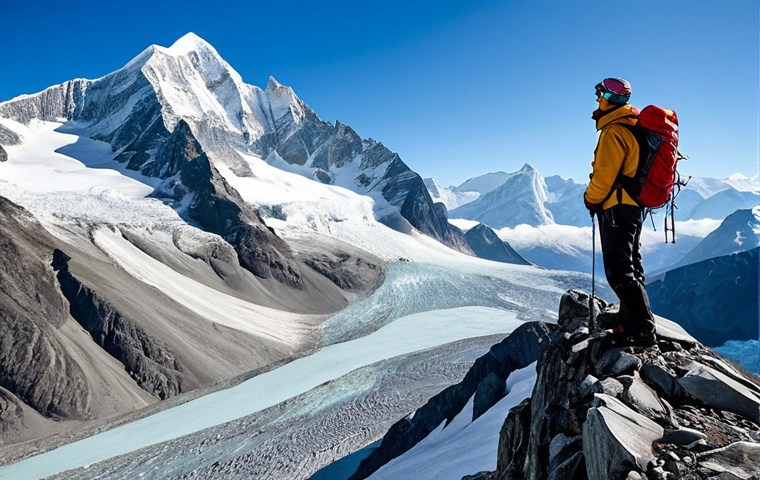 A professional mountain guide, fully clothed in protective, modest mountaineering gear and appropriate attire, stands on a sturdy rock formation within a vast, majestic snow-capped mountain range. The landscape reveals a mix of ancient glaciers and newly exposed, rugged rock, subtly hinting at environmental changes. The figure has perfect anatomy, correct proportions, well-formed hands, and natural body proportions, in a natural, contemplative pose, looking out at the awe-inspiring scenery. Professional photography, high quality, safe for work, appropriate content, fully clothed, family-friendly.