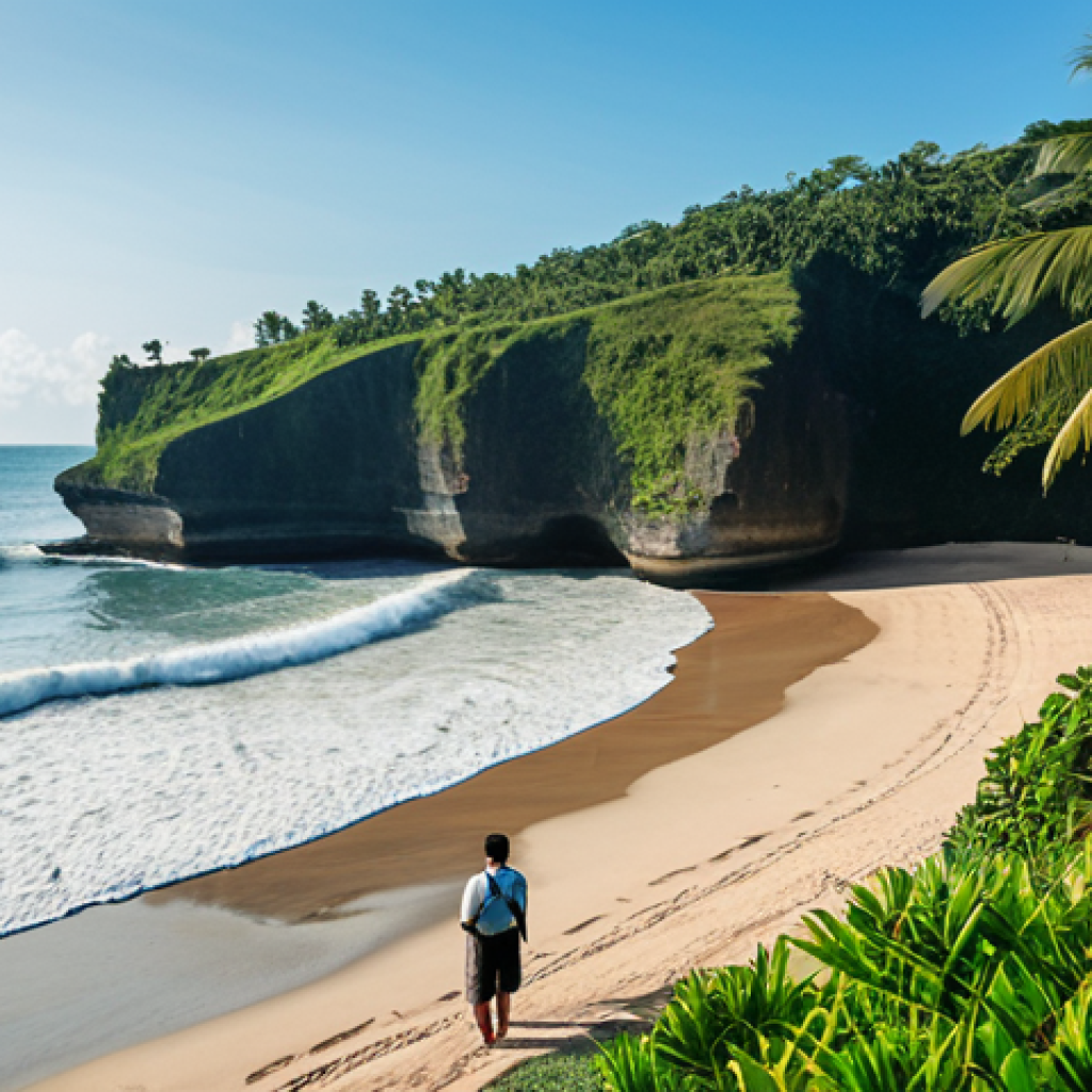 A breathtaking wide shot of a dramatically transformed beach in Bali. The foreground reveals strange, exposed, ancient-looking rock formations and structures, resembling unearthed coral, where soft sand once lay. Gentle ocean waves lap at these newly revealed geological features under a serene, clear sky. In the far distance, indistinct figures of observers stand, providing a sense of scale. Lush tropical foliage and palm trees line the distant horizon. The lighting is soft and natural. Professional travel photography, realistic, high detail, crisp focus, natural lighting, perfect anatomy, correct proportions, natural pose, well-formed hands, proper finger count, natural body proportions, safe for work, appropriate content, fully clothed, modest clothing, family-friendly.