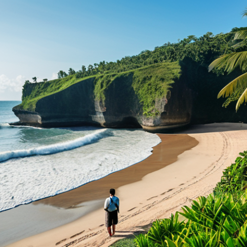Home 14 A breathtaking wide shot of a dramatically transformed beach in Bali. The foreground reveals strange, exposed, ancient-looking rock formations and structures, resembling unearthed coral, where soft sand once lay. Gentle ocean waves lap at these newly revealed geological features under a serene, clear sky. In the far distance, indistinct figures of observers stand, providing a sense of scale. Lush tropical foliage and palm trees line the distant horizon. The lighting is soft and natural. Professional travel photography, realistic, high detail, crisp focus, natural lighting, perfect anatomy, correct proportions, natural pose, well-formed hands, proper finger count, natural body proportions, safe for work, appropriate content, fully clothed, modest clothing, family-friendly.