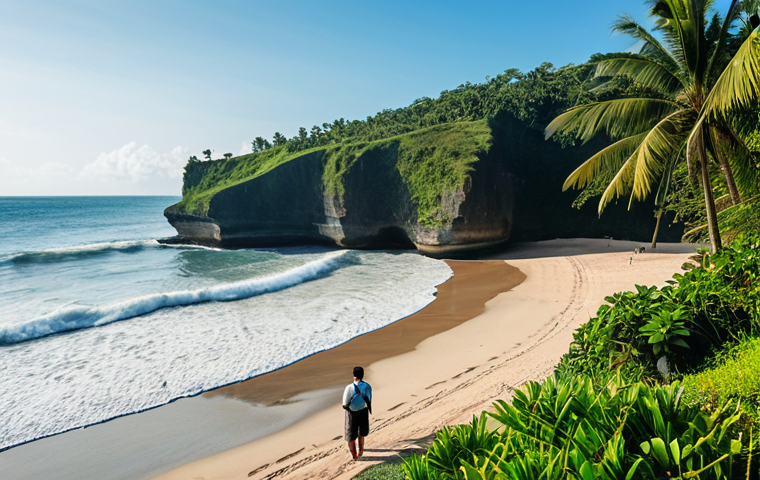 A breathtaking wide shot of a dramatically transformed beach in Bali. The foreground reveals strange, exposed, ancient-looking rock formations and structures, resembling unearthed coral, where soft sand once lay. Gentle ocean waves lap at these newly revealed geological features under a serene, clear sky. In the far distance, indistinct figures of observers stand, providing a sense of scale. Lush tropical foliage and palm trees line the distant horizon. The lighting is soft and natural. Professional travel photography, realistic, high detail, crisp focus, natural lighting, perfect anatomy, correct proportions, natural pose, well-formed hands, proper finger count, natural body proportions, safe for work, appropriate content, fully clothed, modest clothing, family-friendly.