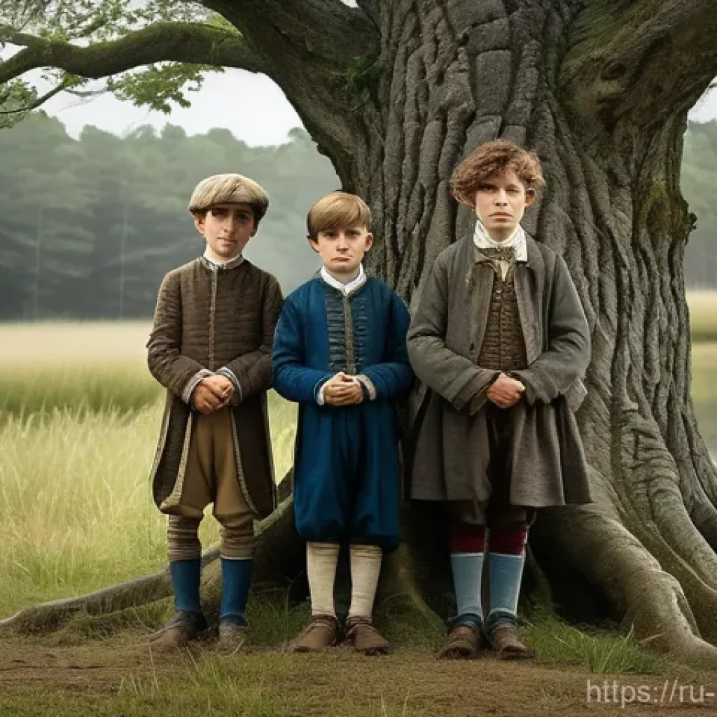 캐나다 노바스코샤 보물섬 사건 - **Prompt:** A historical illustration-style image depicting three curious young boys, dressed in sim...