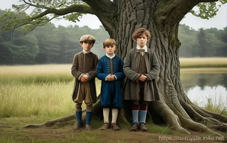 캐나다 노바스코샤 보물섬 사건 - **Prompt:** A historical illustration-style image depicting three curious young boys, dressed in sim...