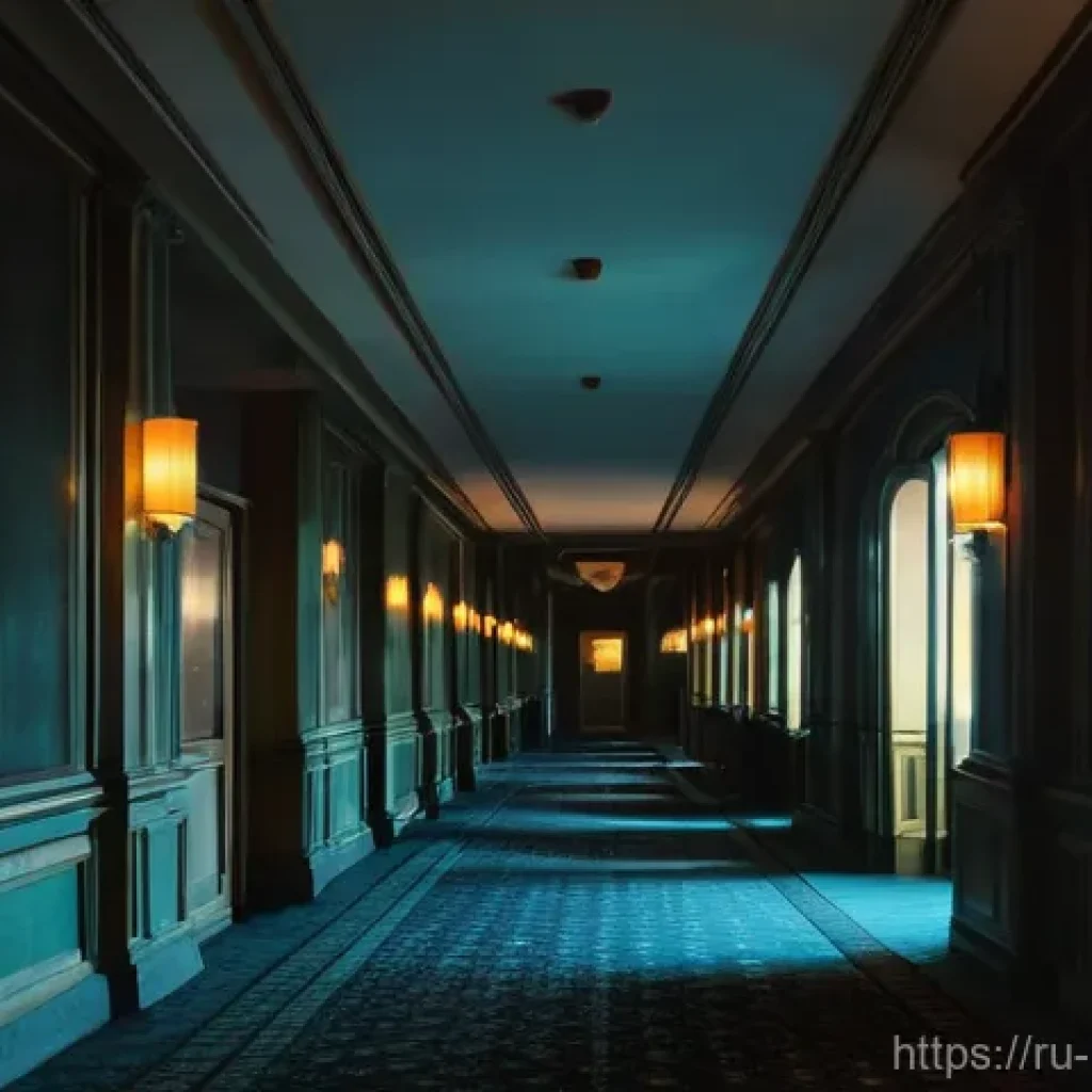엘리사 램 호텔 수수께끼 - **A vintage, dimly lit hotel hallway, reminiscent of the Cecil Hotel's older sections.** The scene f...