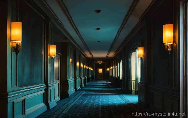 엘리사 램 호텔 수수께끼 - **A vintage, dimly lit hotel hallway, reminiscent of the Cecil Hotel's older sections.** The scene f...