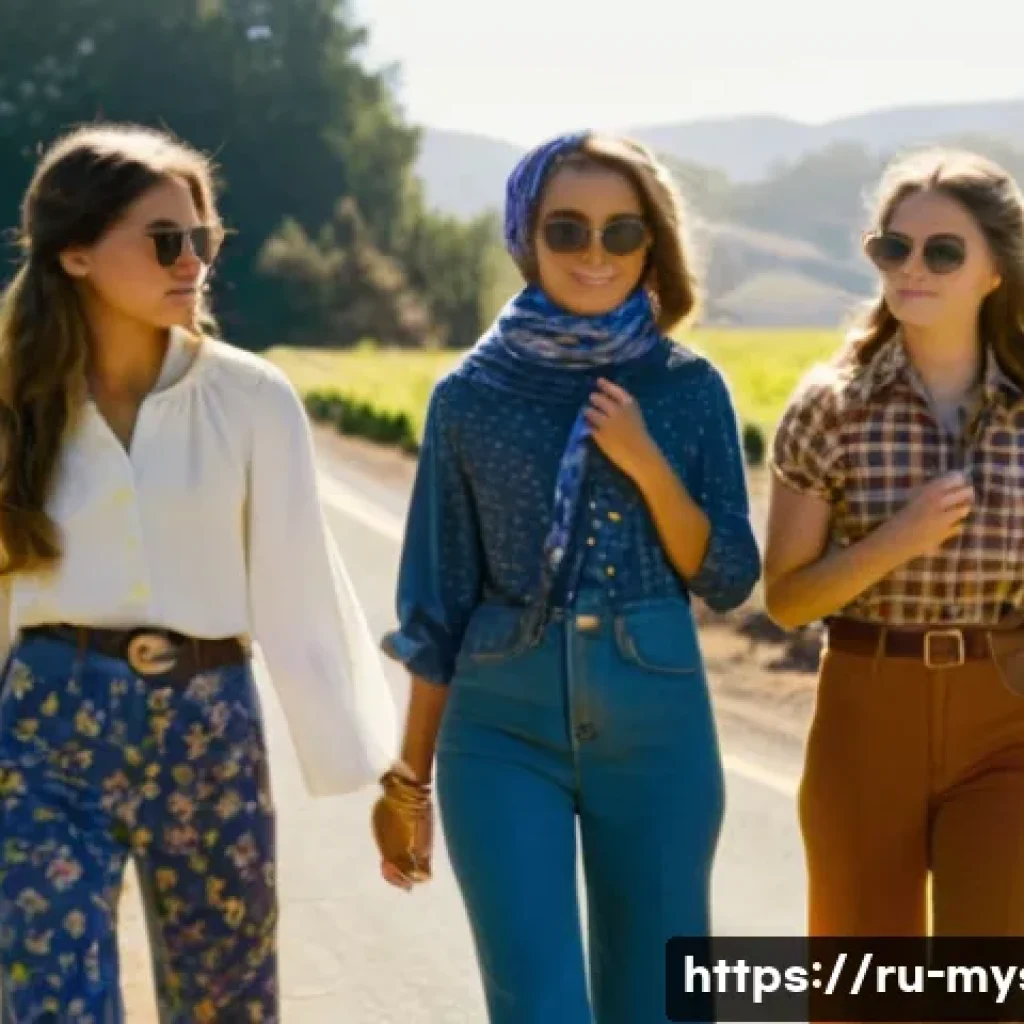 소노마 카운티 살인 사건 - **Prompt:** A group of three young women, dressed in early 1970s fashion (bell bottoms, floral patte...