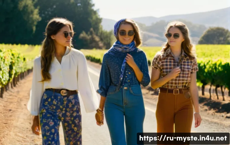 소노마 카운티 살인 사건 - **Prompt:** A group of three young women, dressed in early 1970s fashion (bell bottoms, floral patte...