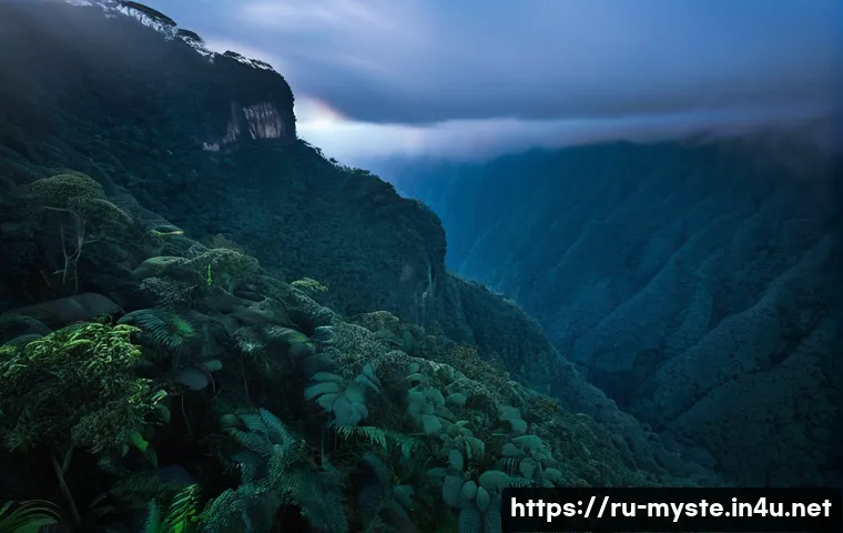 콜롬비아 라 루나 산괴 사건 - A mysterious early morning scene on a remote Colombian mountain slope, shrouded in dense forest and ...