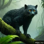 Home 22 베트남 크리토피드 전설 - A mysterious cryptid in the dense Vietnamese jungle during daytime, featuring glowing bright eyes pi...