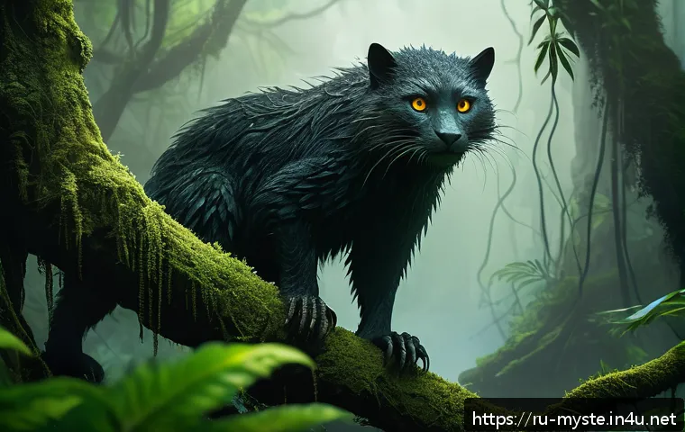 베트남 크리토피드 전설 - A mysterious cryptid in the dense Vietnamese jungle during daytime, featuring glowing bright eyes pi...