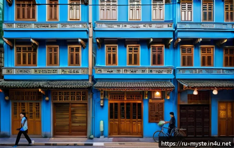 중국 홍콩 블루하우스 의문사 - A detailed, atmospheric street view of the Blue House in Hong Kong’s Wong Tai Sin district during ea...