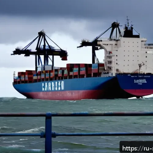 Home 32 몬테 비데오 화물선 실종 사건 - A detailed scene of a cargo ship docked at Montevideo port under stormy weather conditions, with str...