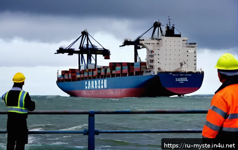 몬테 비데오 화물선 실종 사건 - A detailed scene of a cargo ship docked at Montevideo port under stormy weather conditions, with str...