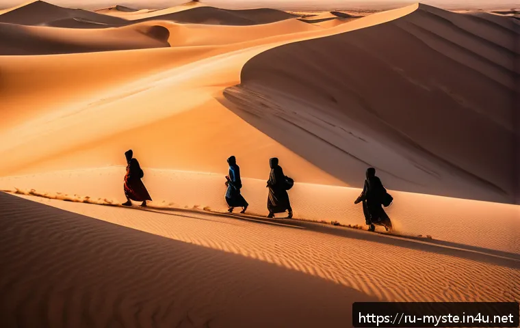 아프리카 사하라 실종자들 - A dramatic desert scene at sunset showing a group of travelers cautiously navigating shifting sand d...