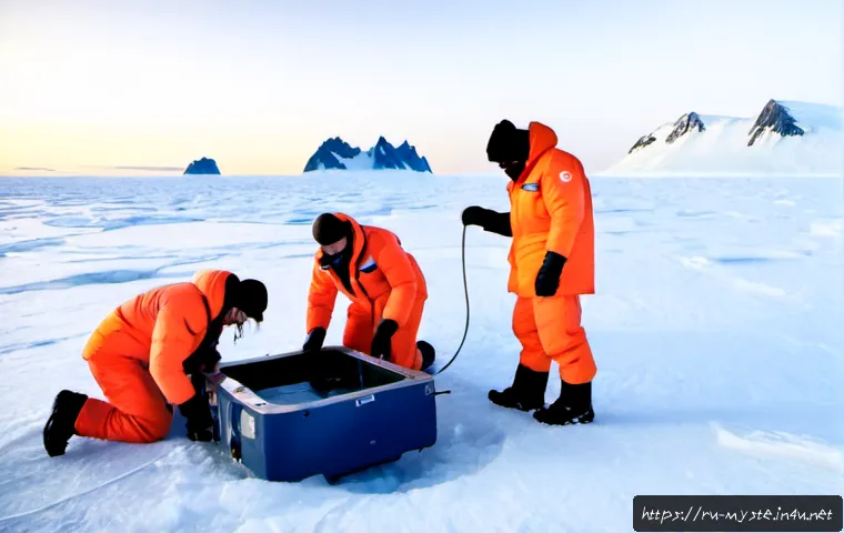 남극 대륙 비밀 기지 사건 - Photorealistic Antarctic research incident scene, a Russian polar expedition team in heavy red-and-n...