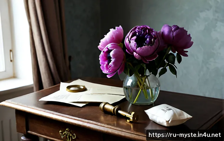 Home 17 앤 플라워 미스테리 - Photorealistic mysterious floral still life in an elegant Saint Petersburg apartment, antique wooden...