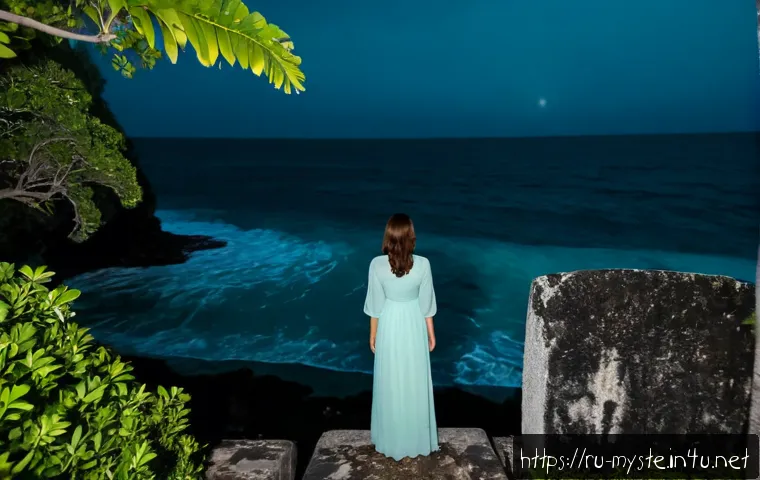 일본 오키나와 유령 이야기 - Photorealistic night scene on a secluded Okinawa shoreline, an old Ryukyuan stone tomb partially hid...