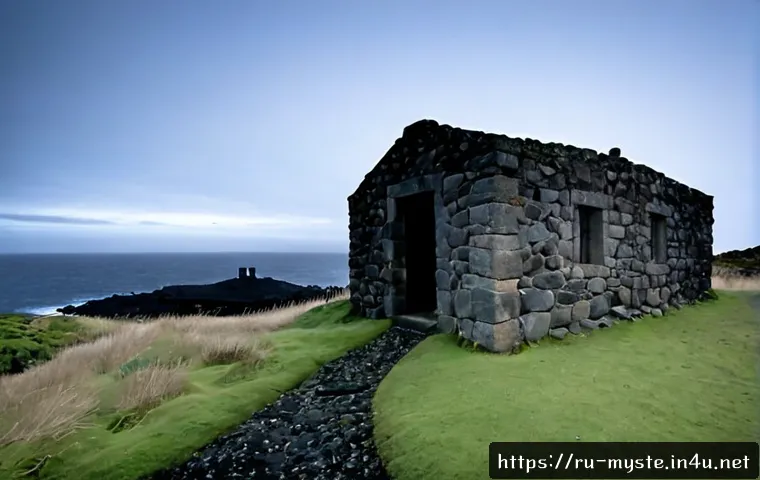 Home 17 포르투갈 무인 섬 유령 사건 - Photorealistic abandoned stone cottage on a remote uninhabited Portuguese Atlantic island at twiligh...