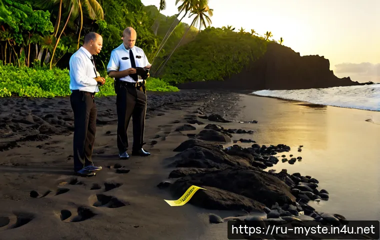 하와이 하롤드 사건 - Photorealistic Hawaiian coastal investigation scene at sunrise, a quiet tropical beach with volcanic...