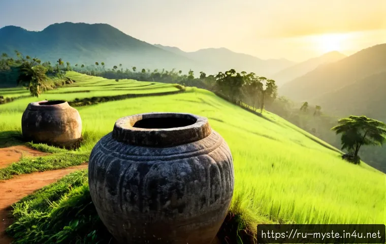 라오스 고대 항아리 들판 - Photorealistic wide landscape of the Plain of Jars in Laos at sunrise, enormous ancient stone jars s...