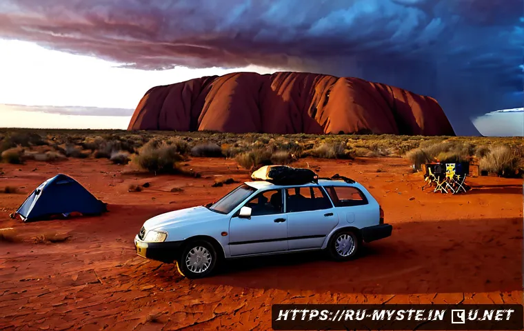 Home 17 호주 울루루 기괴 사건 - Photorealistic wide-angle scene of Uluru at dusk, an abandoned rental car parked on a dusty red dese...